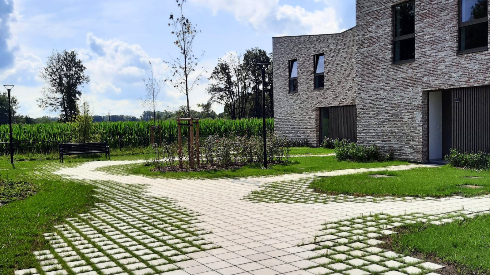 Foto van een woonwijk met paden naar de huizen in Seamstone en uitwaaiering naar gras met Greenstone